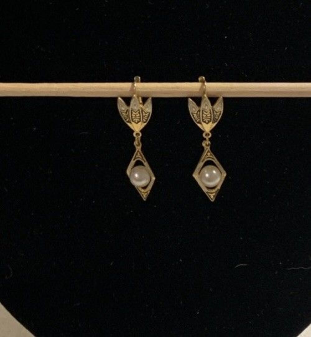 Vintage Spanish Damascene Earrings Faux Pearl Dangle Drop